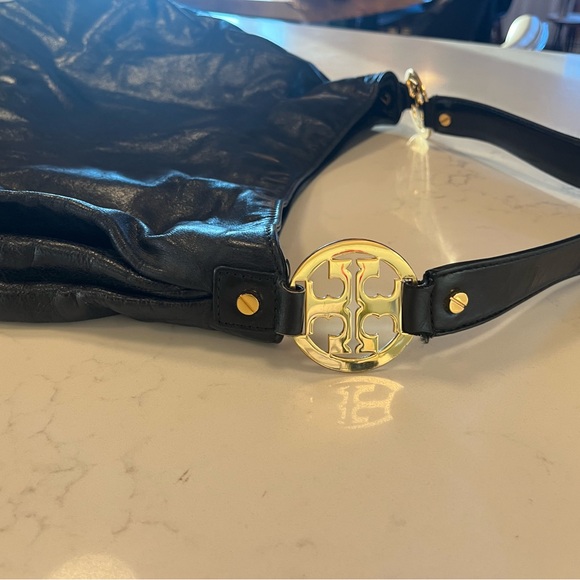 TORY BURCH destressed hobo Black Leather Shoulder Bag with Gold accents - Picture 9 of 12